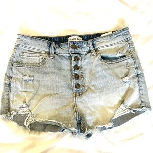 Casual Light Blue Women's Button-Fly Distressed Jean Shorts